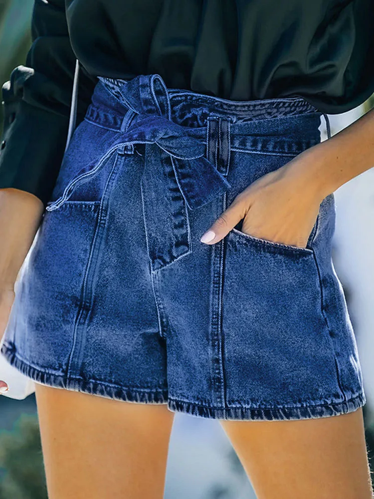 

Women Cotton Skinny Short Jeans With Belts Pockets High Waist Trousers Streetwear Dark Blue Drawstring Sexy Stretch Denim Shorts