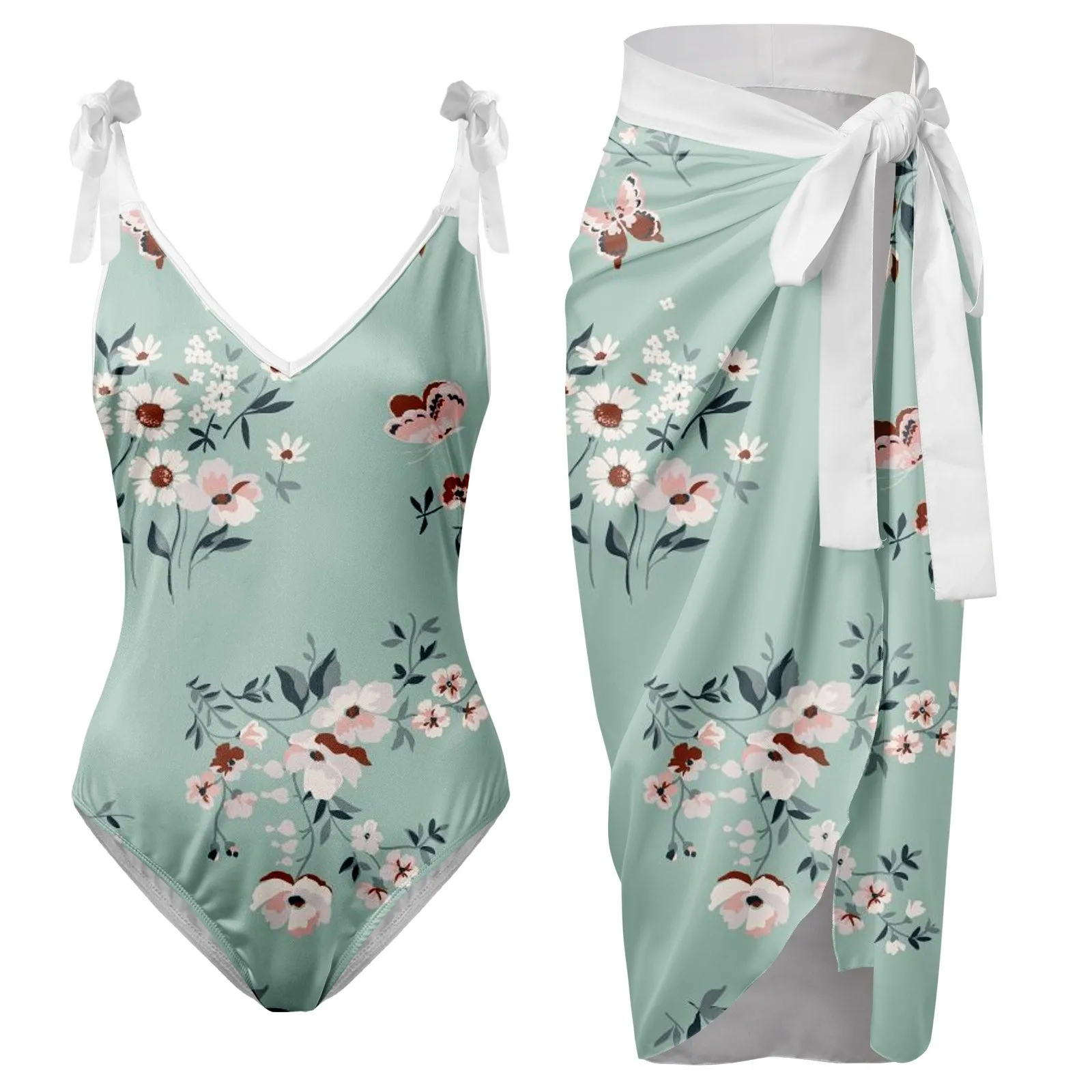 

Womens V Neck Flower Printed Swimsuit Apron Skirt Bikini Sets