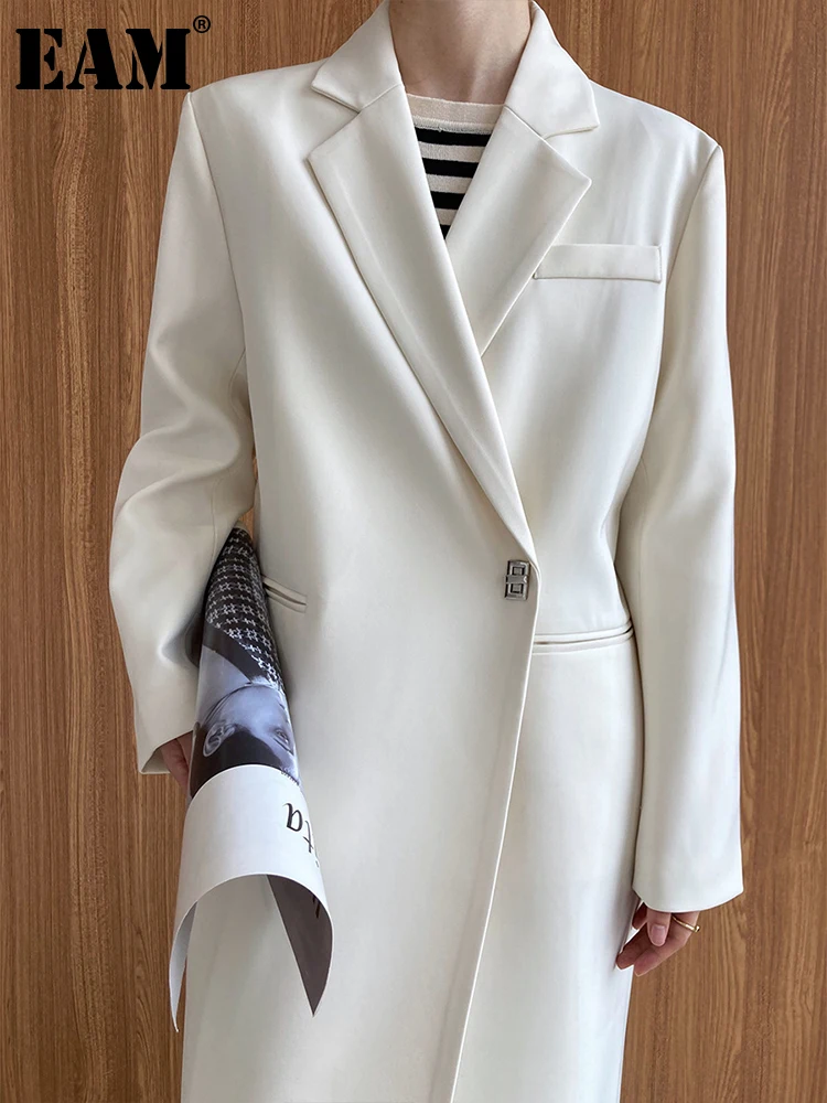 

[EAM] Women Apricot Big Size Long Elegant Blazer New Lapel Long Sleeve Loose Fit Jacket Fashion Tide Spring Autumn 2023 1DF0616