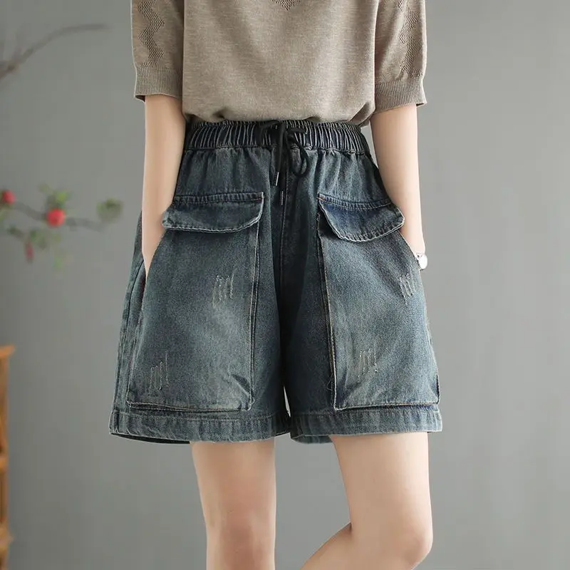 

Summer Women Vintage Cargo Denim Shorts Streetwear Fashion All-match Jeans New Solid Elastic Wait Baggy Casual Wide Leg Pants