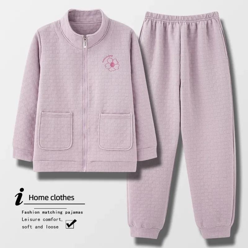 2024 New Autumn Winter Sandwich Pajamas Women's Thick Cotton Cardigan Loungewear Zipper Thin Cotton Air Cotton Sleepwear Set