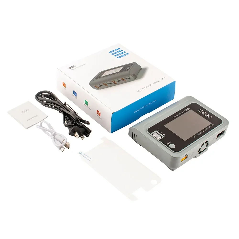 

ToolkitRC Q4AC 4x50w 5A 1-4S AC 100W 4 Ports XT60 DC Smart Charger 32 Bit ARM IPS Bright Clear Wide Angle Display for RC FPV