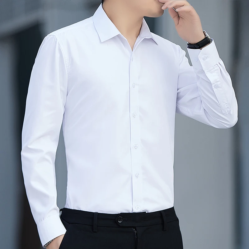 Men's long-sleeved micro-elastic shirt spring slim-fit business career formal dress Korean version of the trend white shirt on
