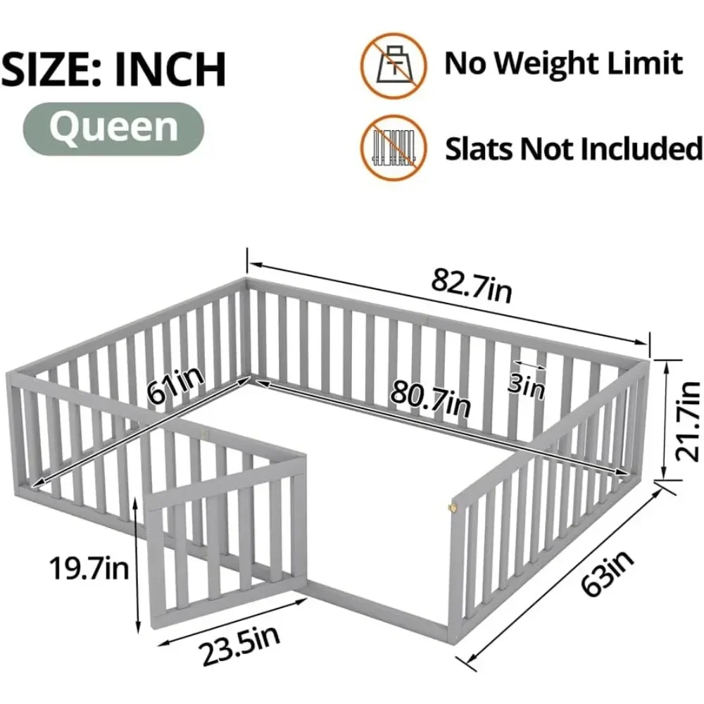 Queen Size Montessori Floor Bed, Multifunctional Wood Bed Frame with Fence & Door for Children Boys Girls Bedroom Living Room 2