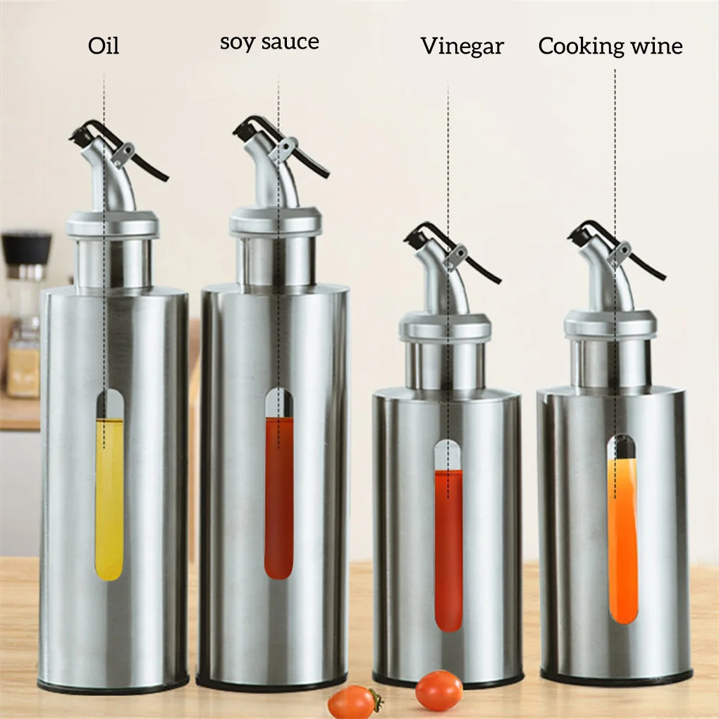 Oil Container Sauce Squeeze Bottles 190ml/290ml Stainless Oil Bottle Sauce Holder Dispenser Glass Visual Window Container Jar for Seasoning Roasting Tools