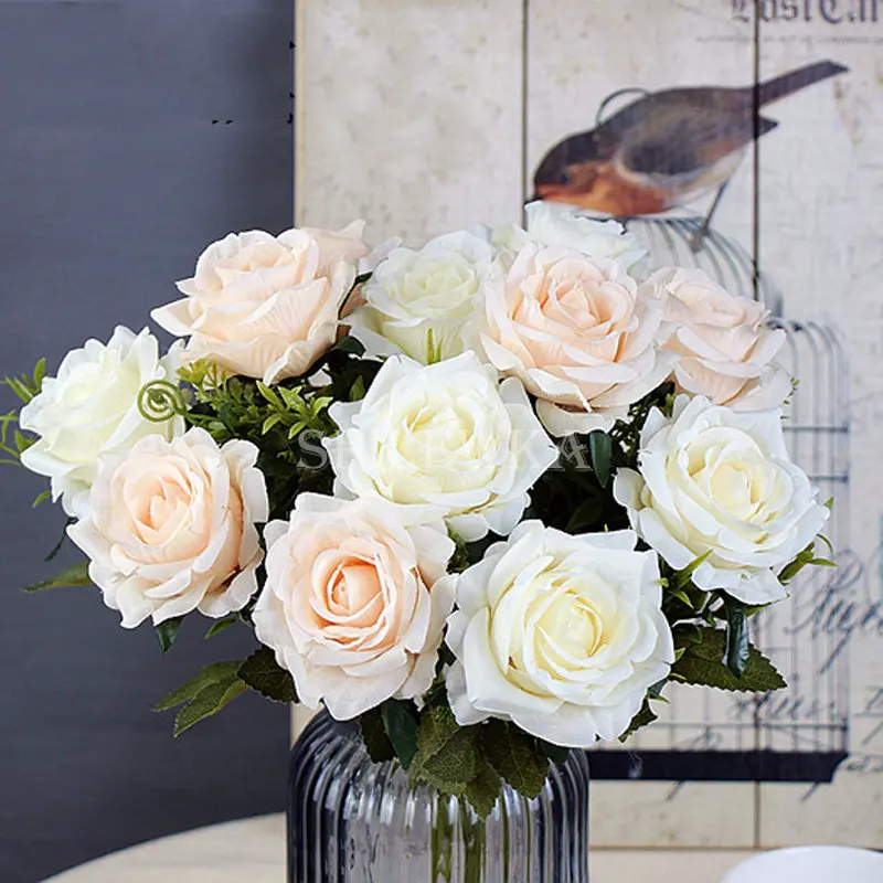 6 Head Orange Rose Artificial Flowers Silk High Quality for Wedding