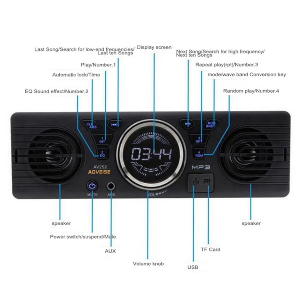 자동차 라디오 MP3 오디오 플레이어, AV252 1 Din 블루투스 핸즈프리 스테레오 FM 내장 스피커 2 개, USB SD AUX 오디오 재생 지원