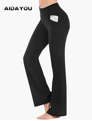 Women Flare Yoga Leggings Dress Pant With Pockets High Waist Workout Bootleg Tummy Control Leggin Bell Bottom Work Pants
