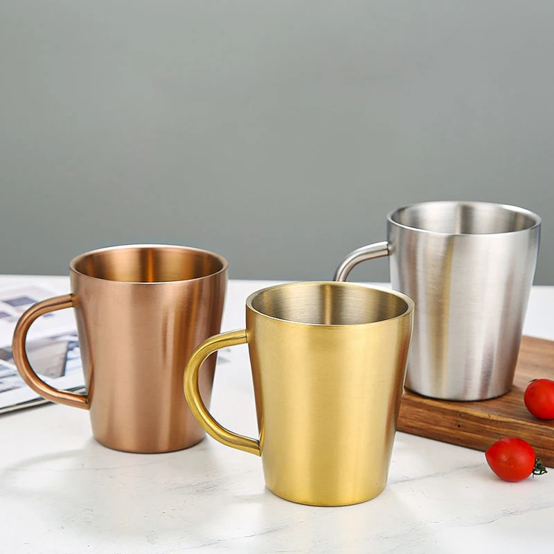 300ml Double-Layer Water Cup Home Dining Drinkware Mugs 304 Stainless Steel  Beer Cup Gold Sliver Coffee Mugs With Handle - AliExpress