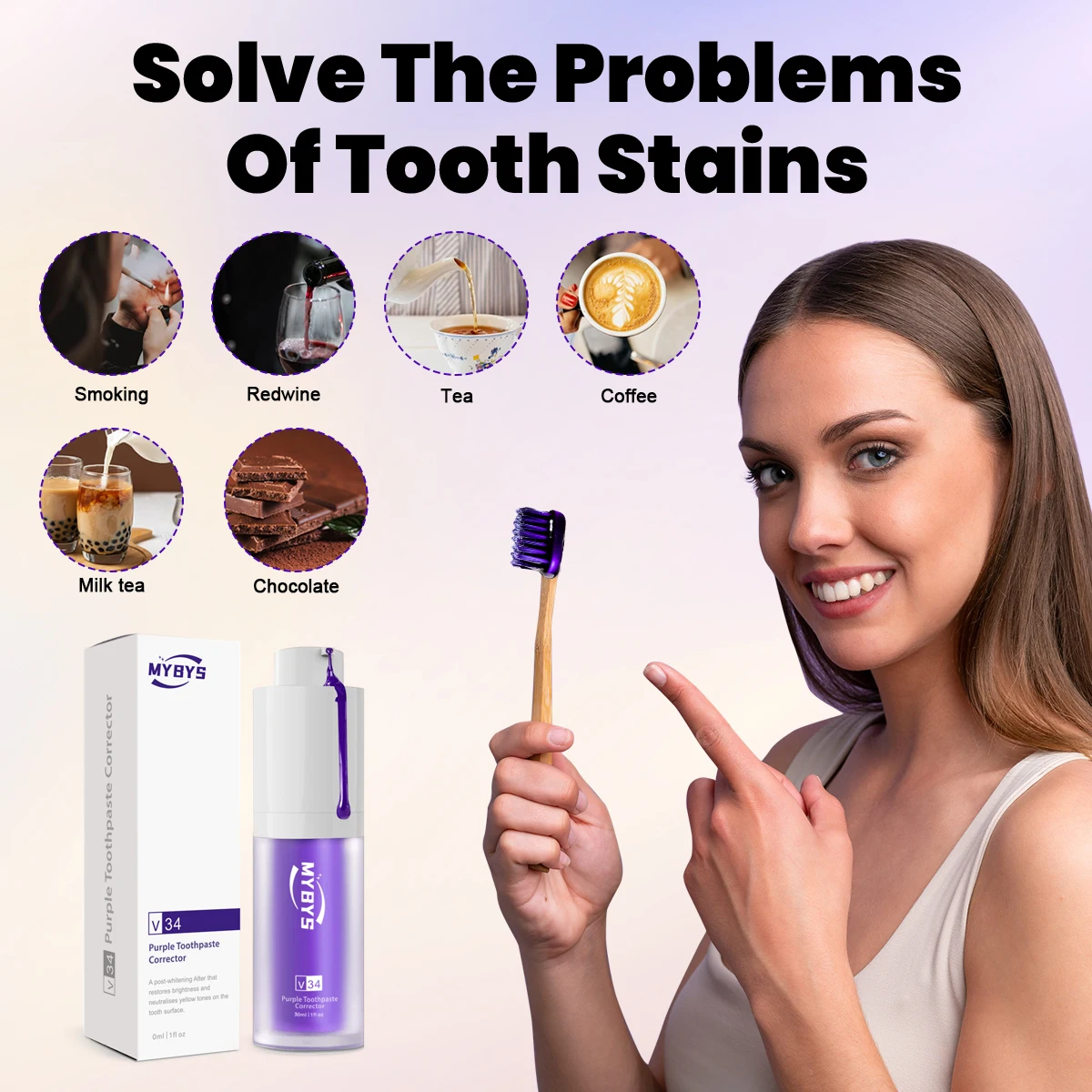Mybys סגול שיניים משחת שיניים הלבנת מהות ניקוי הפה הלבנה שיניים צהוב צבע תיקון סרום מקצועי