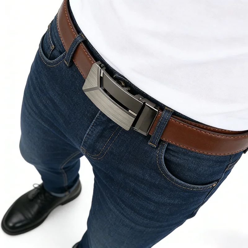 Modischer Herren-Gürtel aus echtem Leder, authentische Luxusmarke, automatische Schnalle, weicher Ledergürtel für Freizeithosen und Jeans – Detail 17