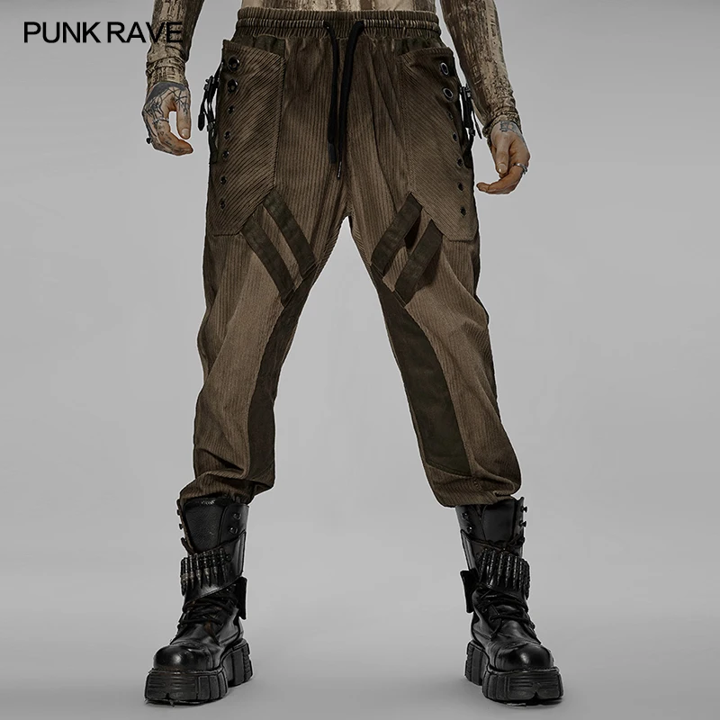 

PUNKRAVE Men's Punk Jeans Post-apocalyptic Style Corduroy Spray Painting Pants Pockets Loops and Eyelets Decorate Loose Trousers