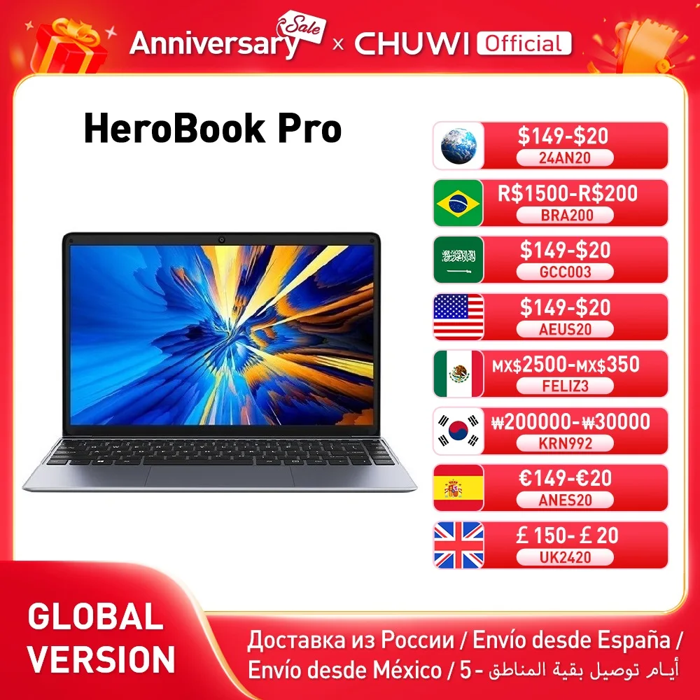 Ноутбук CHUWI HeroBook Pro, 14,1 дюйма, 1920x108, 0 разрешение, Intel Celeron N4020 двухъядерный, Windows 10 OS, 8 ГБ ОЗУ, 256 ГБ SSD цена и фото