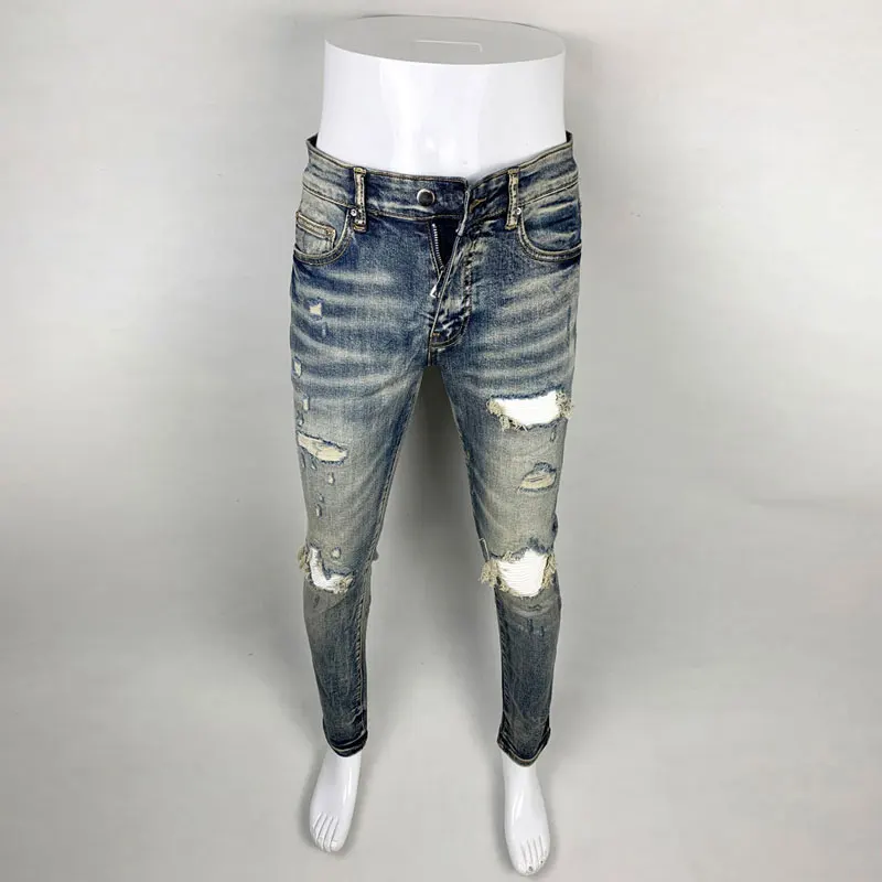 high street fashion men jeans retro black blue stretch skinny fit ripped jeans men leather patched designer hip hop brand pants High Street Fashion Men Jeans Retro Washed Blue Stretch Skinny Fit Ripped Jeans Men Patched Designer Hip Hop Brand Pants Hombre