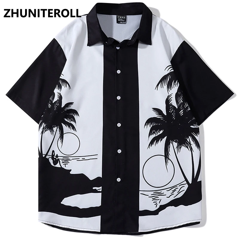 

Fashioin Harajuku Hawaiian Shirt Streetwear Hip Hop Beach Coconut Print Short Sleeve Button Beach Shirts Casual Loose Summer Top
