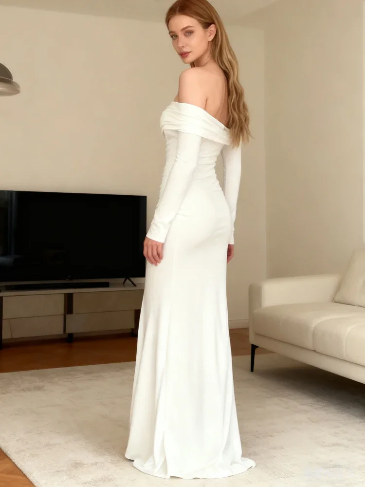 Spring and Summer New One-word Shoulder Long-sleeved Women's Dress Fashion Sexy Pleated Solid Color Split-end Long Evening Dress