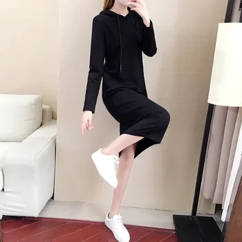 Felpa con cappuccio di media lunghezza Abito pullover slim fit a maniche lunghe autunno inverno da donna 1