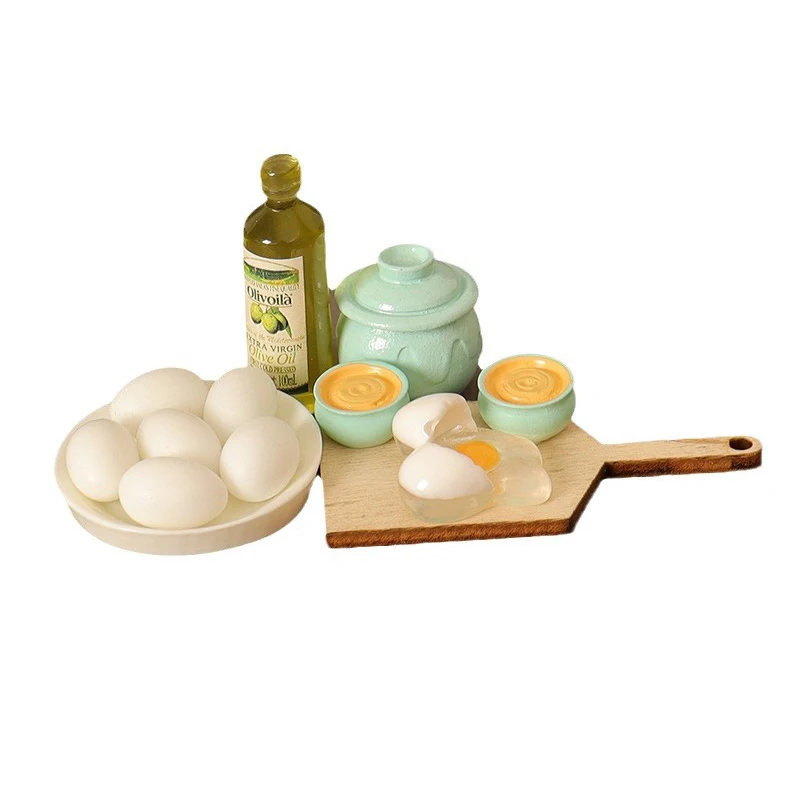 

1 Set 1/12 Dollhouse Mini Kitchen Food Toy Set Dollhouse Egg Olive Oil Jar Chopping Board Model Dolls House Decor Accessories