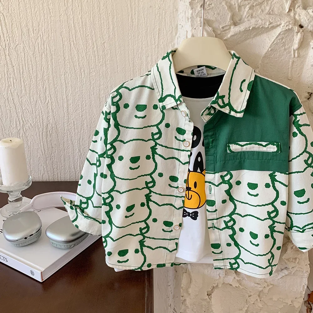 Boys Spring and Autumn Cotton Shirt Kids Korean Version CasualTop Medium Small Children Bear Pattern T-Shirt