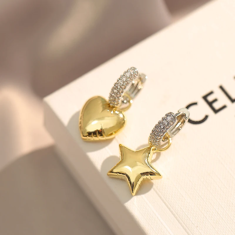 Europäisches und amerikanisches Design, asymmetrische Farbkontrast-Stern-Herz-Anhänger-Ohrhänger für Damen-Modeschmuck im Jahr 2025 – Detail 14