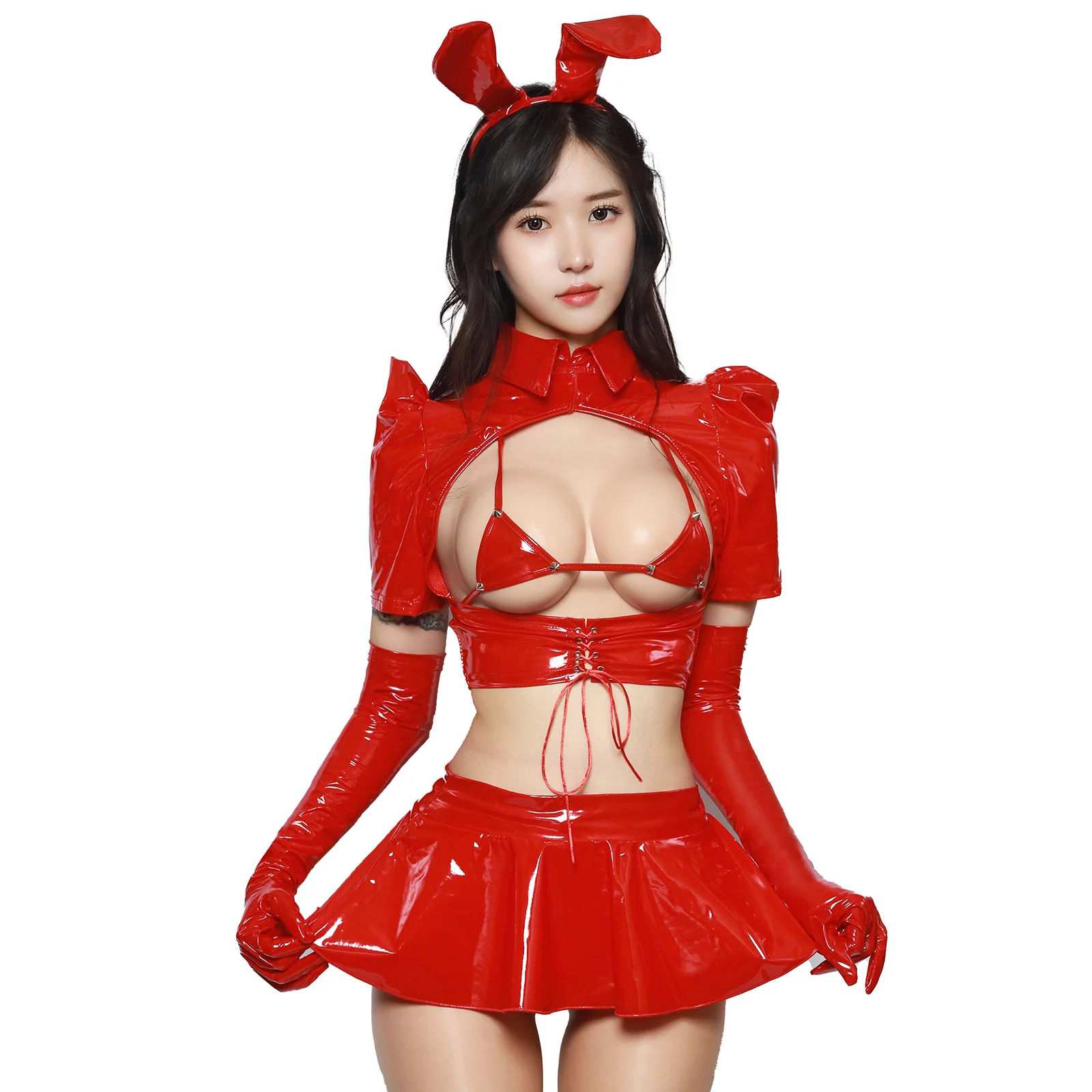 thumbnail image 1 of Minifalda con volantes y sujetador triangular con cordones de conejita de charol para mujer, diadema con orejas de conejo, disfraz sexy de cosplay, 1 of 5