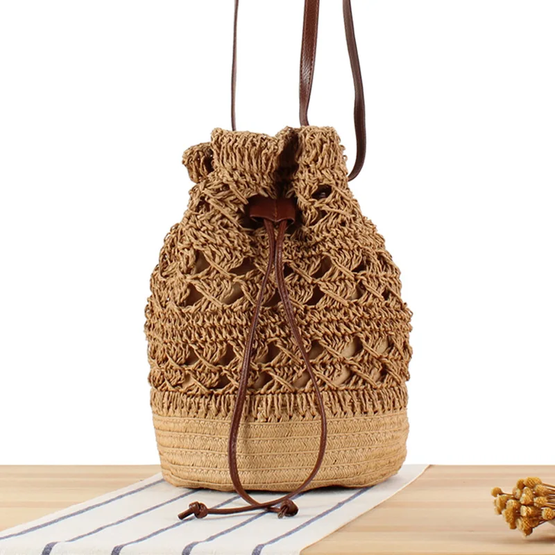 New Hollow Bucket Hand-woven  Shoulder Beach Bag Seaside Resort Straw  Women's Bag