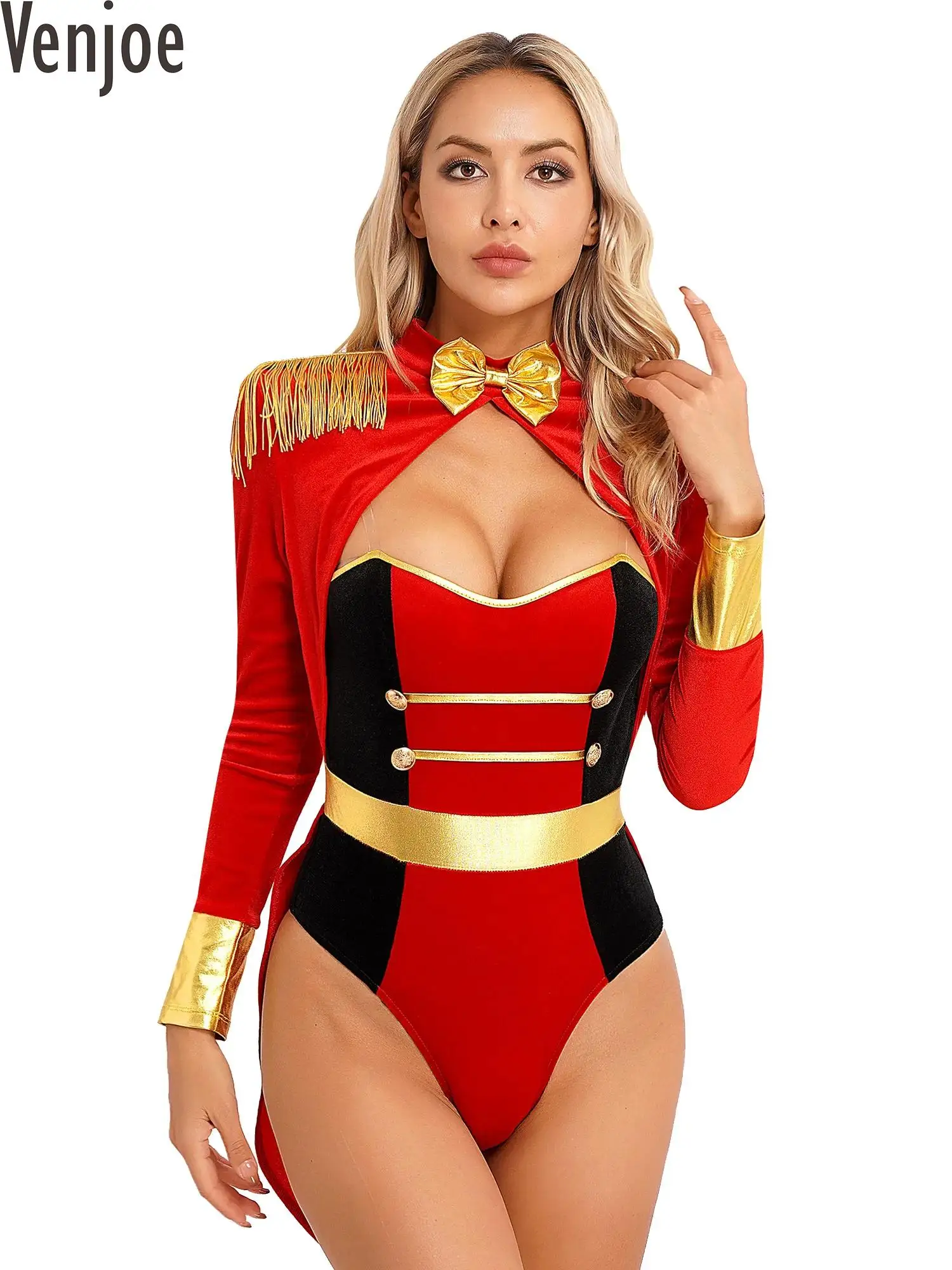 

Womens Halloween Circus Ringmaster Costumes Lion Tamer Cosplay Bodysuit Fringe Long Sleeve Jumpsuit Carnival Party Dress Up