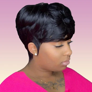 short curly machine made 6inch natural black color 150% density pixie cut wig for women daily paty use human hair wigs 4