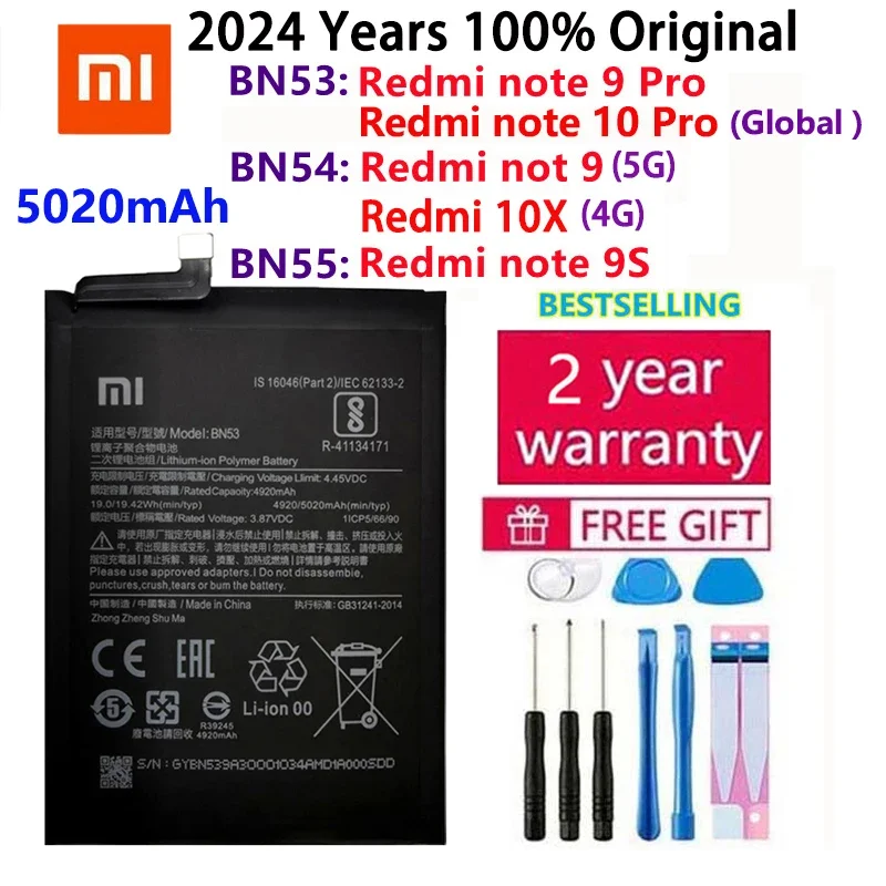 

2024 Years 100% Original Xiao Mi BN53 BN54 BN55 Phone Battery For Xiaomi Redmi note 9 10 Pro 9S 10X 4G 5G Replacement Batteries