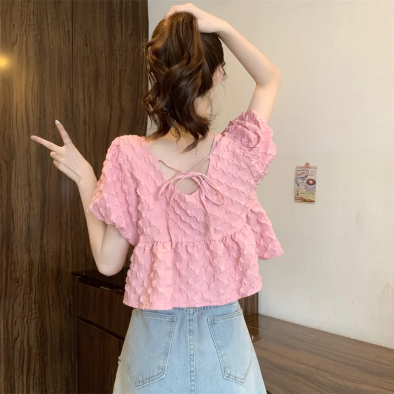 

LKSK Chiffon Short Sleeved Shirt Women's Summer New Unique Bubble Sleeve Short Style Shirt Design Feeling Doll Shirt Top