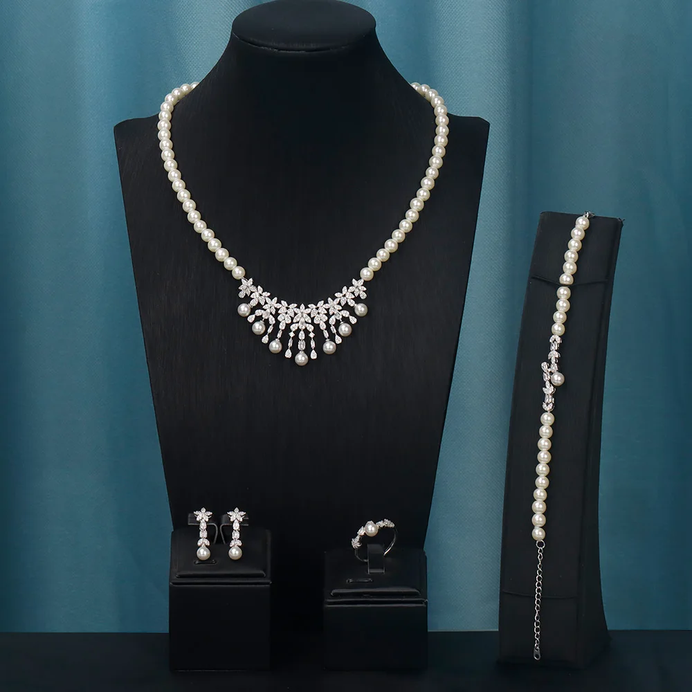 

New Fashion personality flower Imitation Pearl Wedding Necklace Earring Set Bridal For Women Elegant Cubic Zirconia Jewelry Gift