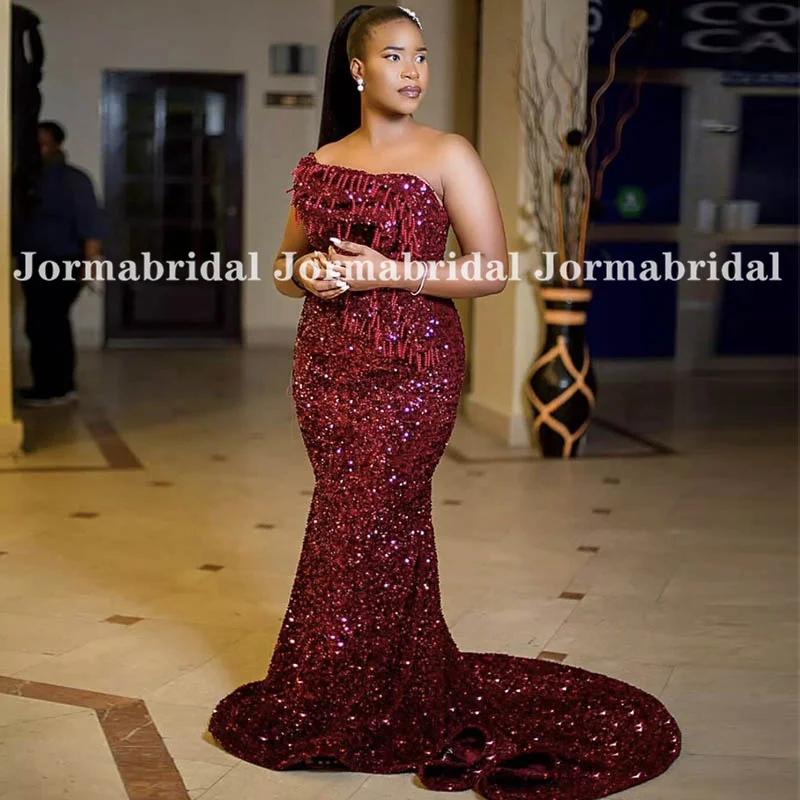 

Блестящее бархатное вечернее платье с блестками, Бордовое платье с жемчужинами и кисточками на одно плечо, женское официальное платье с юбкой-годе