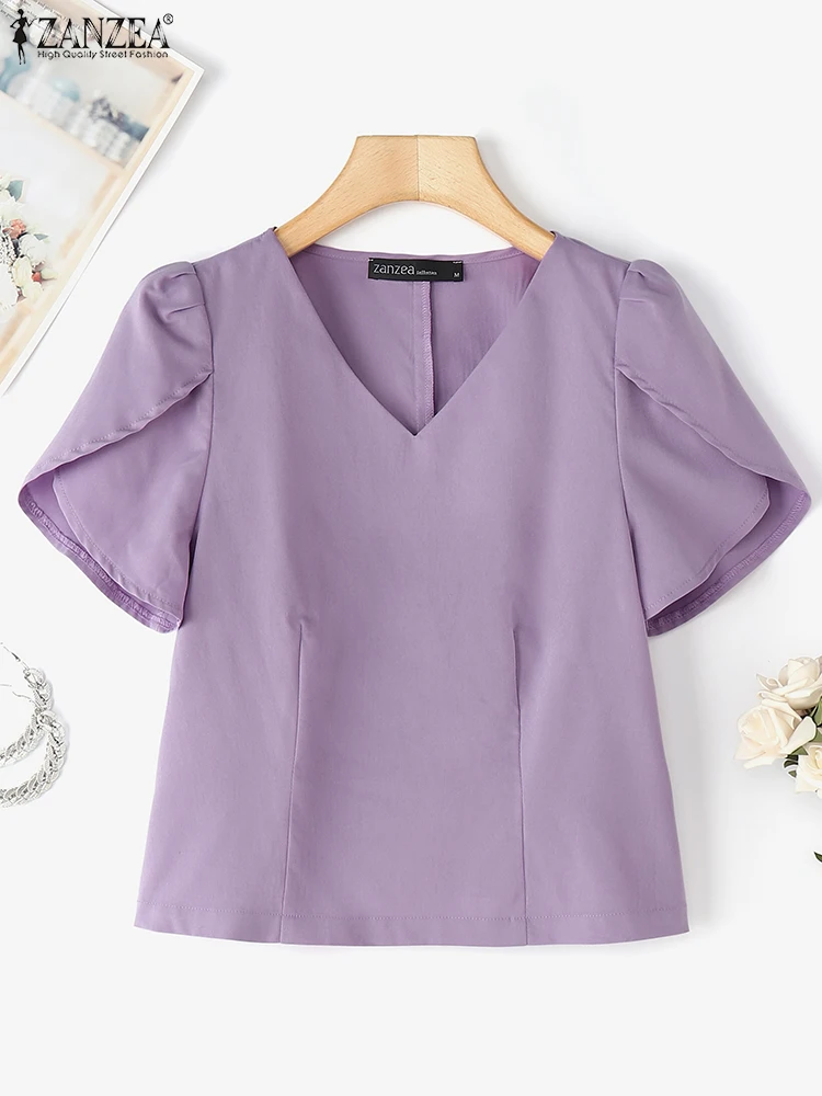 Women Summer Short Sleeve Blouse Casual V Neck Solid Color Tops