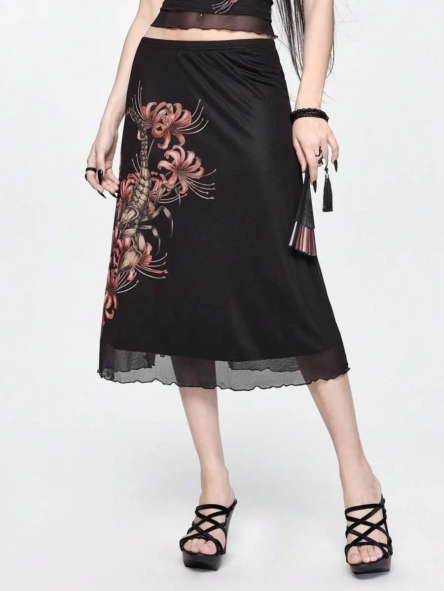 Damen-Set mit Dunklem Skorpion-Print im Neuen Chinesischen Stil: Wästchen und Halbrock im Gothic-Stil, Harajuku-Ästhetik, Klassisches Cheongsam-Set – Detail 13
