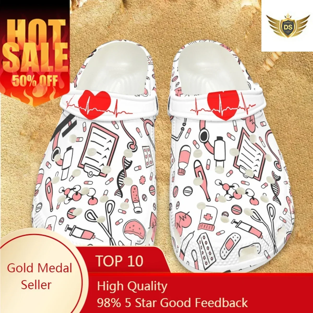 

Fashion Medical Equipment Printed Nursing Slippers Hospital Work Casual Flat Garden Sandals Heel Strap Breathable Slides Gift