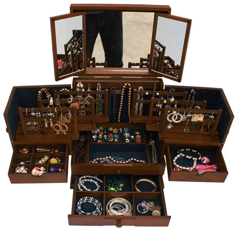 

Cosmetic Case Creative Layered Retro Jewelry Box Solid Wood European Princess Ornament Storage Box Large