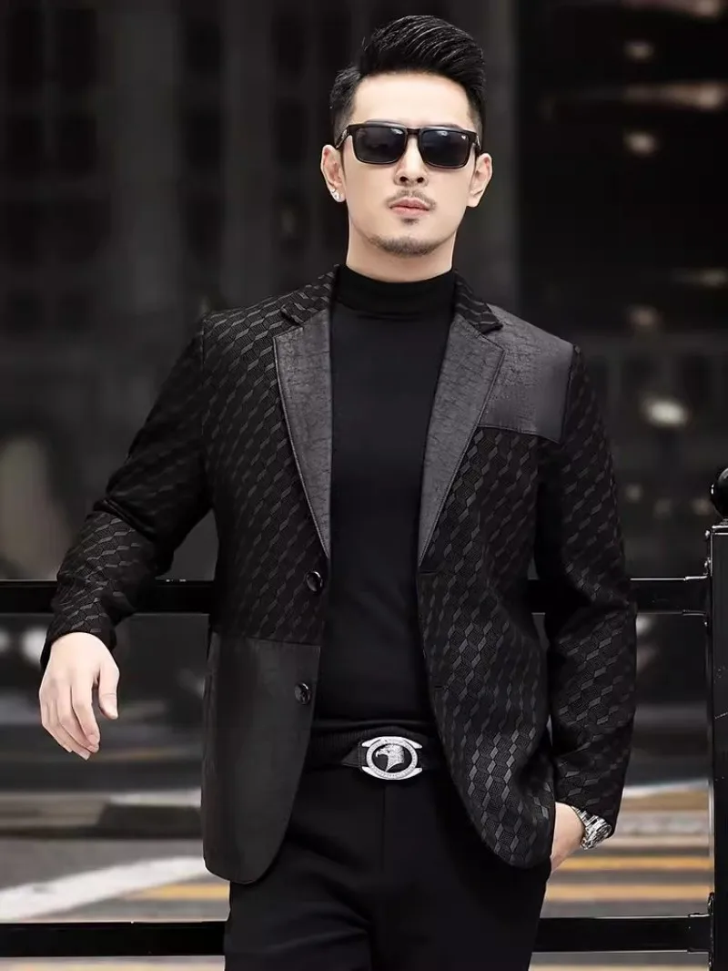 Description Picture 5 of itemNew Spring Autumn Mens Genuine Leather Sheepskin Coat Single Breasted Business Casual Office Men Slim Fit Suit Jacket Size 5XL