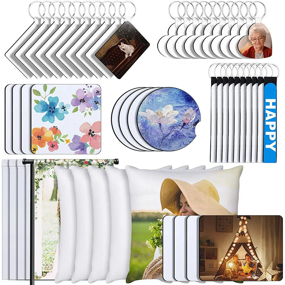 

52pcs Sublimation Blanks Products Mouse Pads Keychain Blanks Car Coasters Garden Flags Pillow Covers for Custom Design