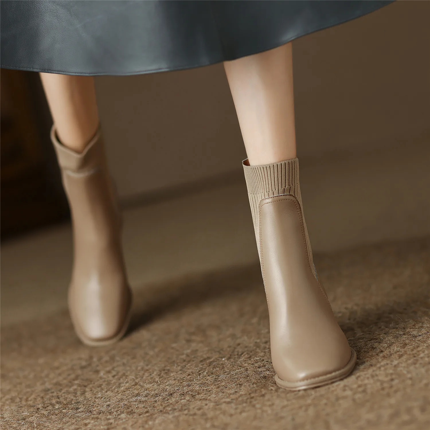 Women Ankle Boots Split Cow Leather Chunky High Heel Knitted Wool Slip on Quality Designer Spring Fall Sock Boots Big Size 42