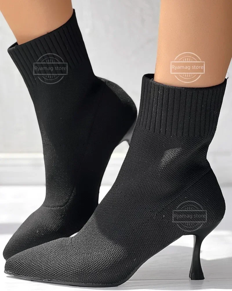 Sock Boots Women's Point Toe Pyramid Heel Knit Ankle Boots Women's