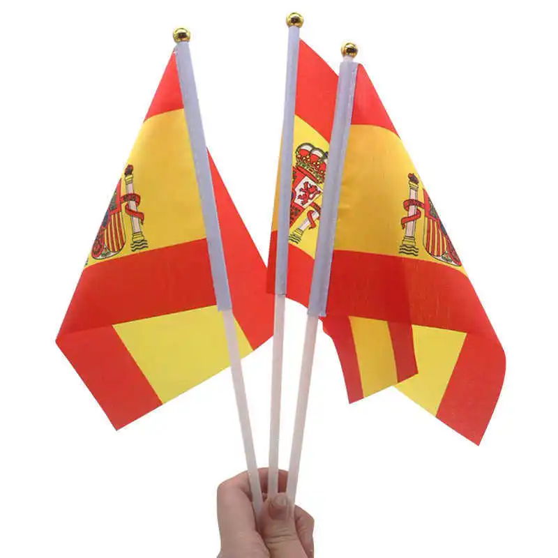 10PCS Spain Flags Small Stick 14x21cm Handheld National Spanish Flag With Flagpole For Decoration Celebration Parade Sports