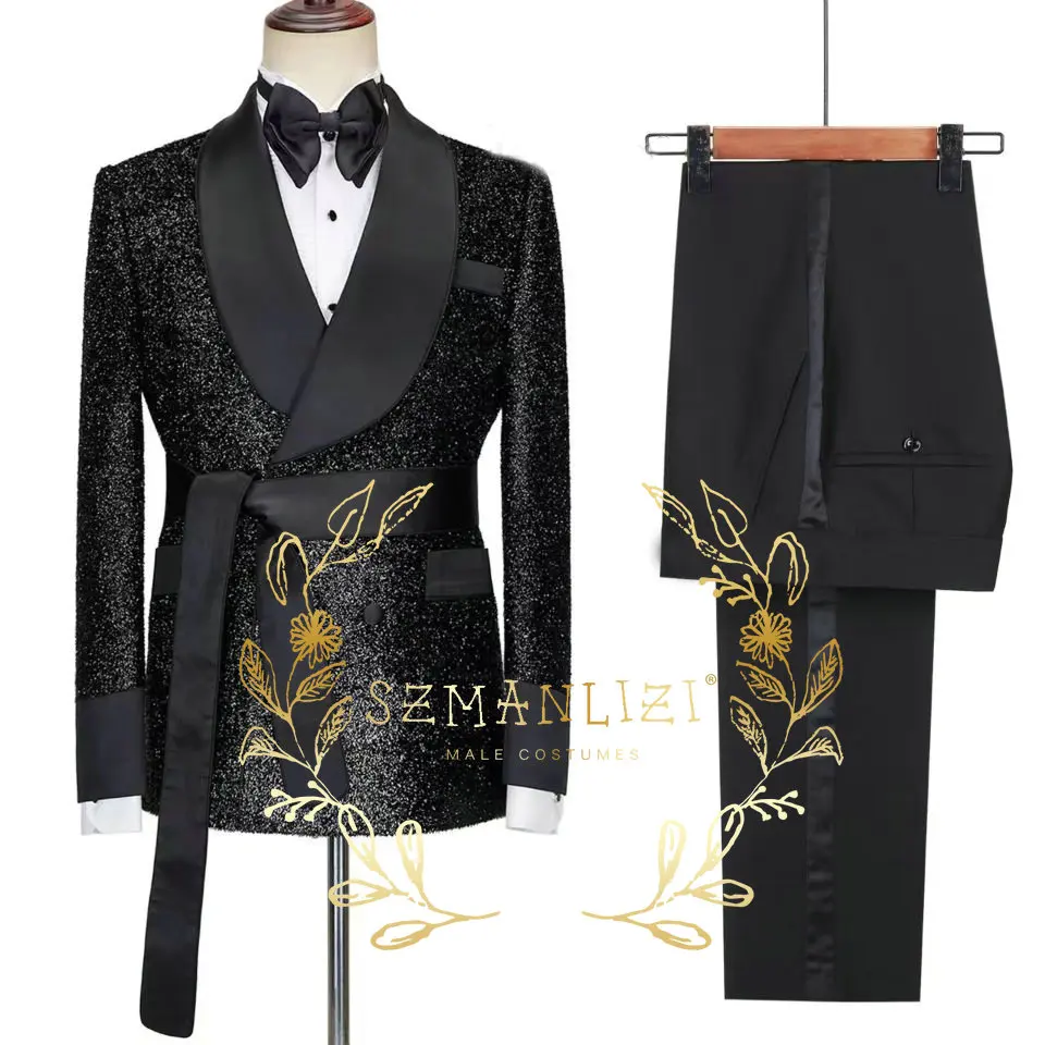 2023 Tailor-Made Shiny Black Groom Tuxedo Double Breasted Men Suit Prom Wedding Party Mens Suits Costume ( jacket+Pants+Belt)