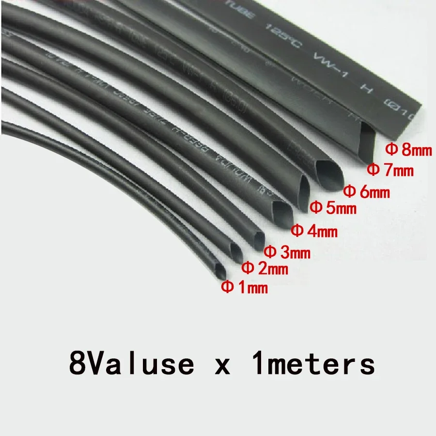 8meter/set Heat Shrink Tube Kit 1/2/3/4/5/6/7/8 mm 2:1 Black Heat Shrink Tubing Shrinkable Sleeving Wrap DIY Connector wire kit