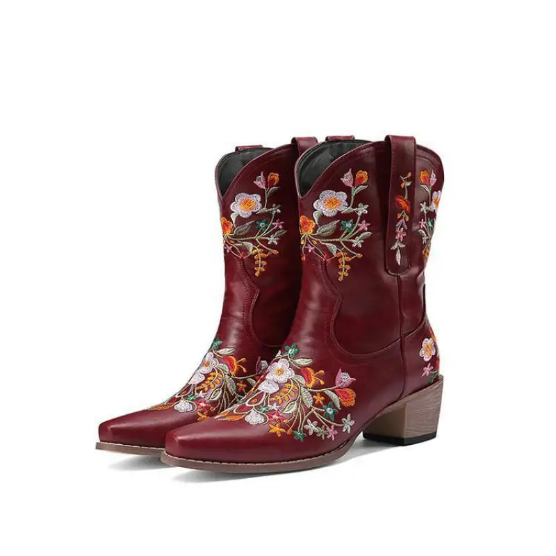 

Size 34-41 Western Boots Shoes Women Autumn And Winter New 5cm Heel Black Embroidered Short Boot
