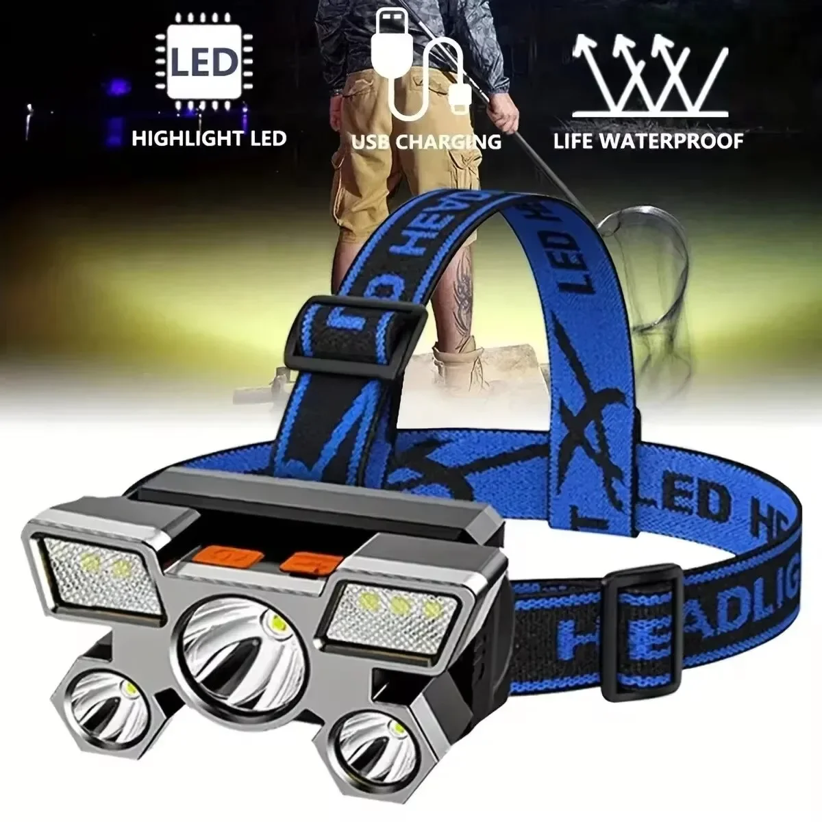 Powerful 5 LED Headlamp USB Rechargeable Built-in 18650 Battery Headlight Outdoor Camping Fishing Emergency Searching Lantern