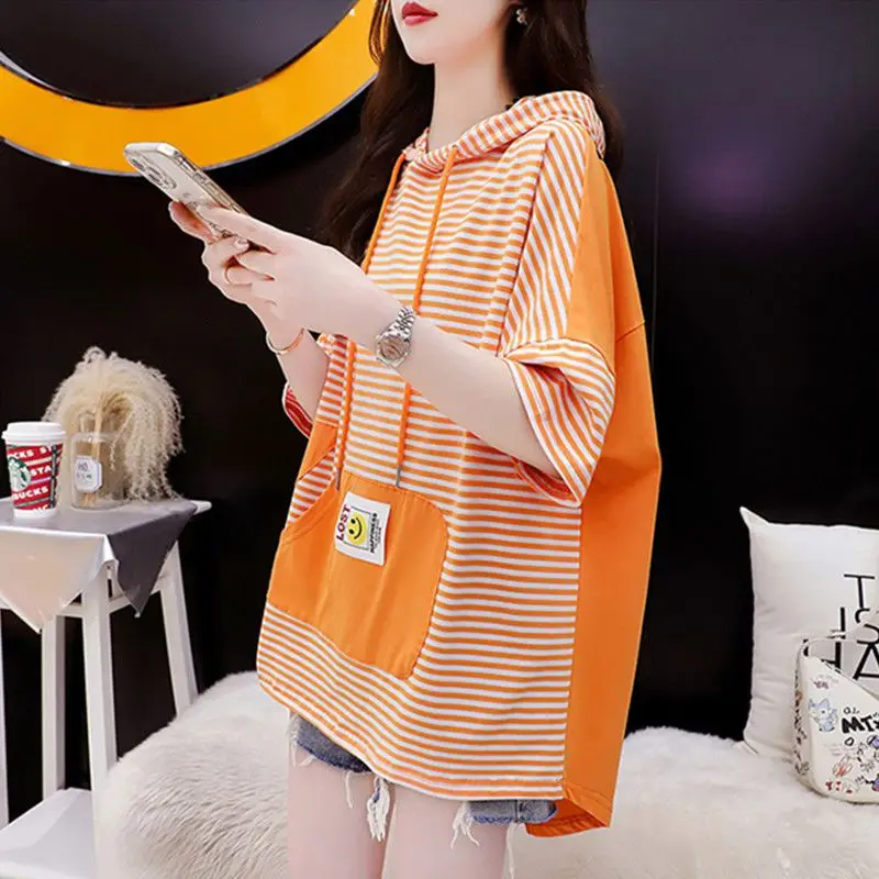 Fashion Hooded Pockets Letter Striped Fake Two Pieces Blouse Female Clothing Summer New Casual Pullover All-match Commute Shirt korean fashion striped knitt spliced fake two pieces blouse woman 2022 autumn new commute all match pockets casual shirts female