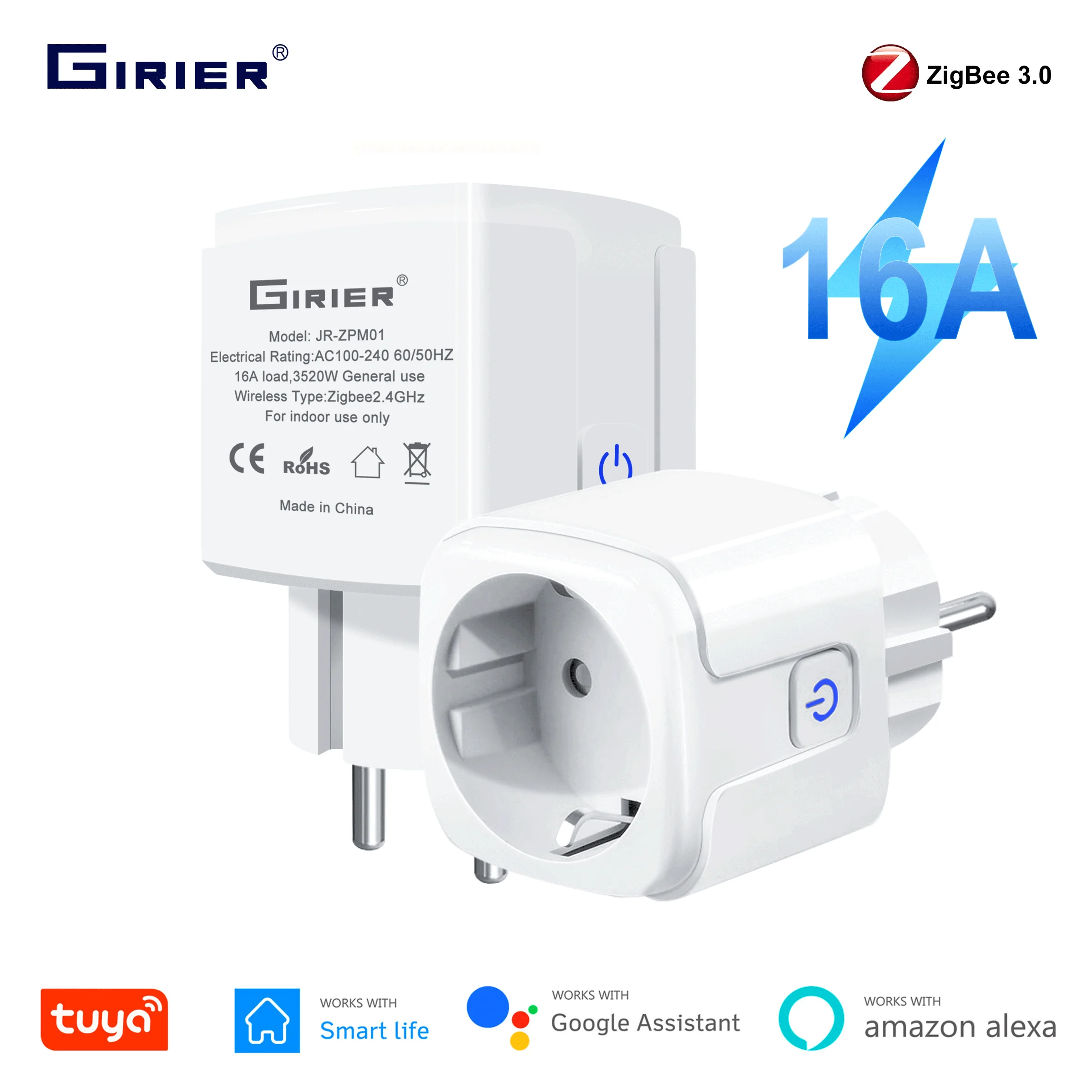 Tuya ZigBee 3.0 스마트 플러그, 전원 모니터 포함, 무선 앱 음성 리모컨 소켓 콘센트, EU 알렉사 구글 홈과 연동, 16A