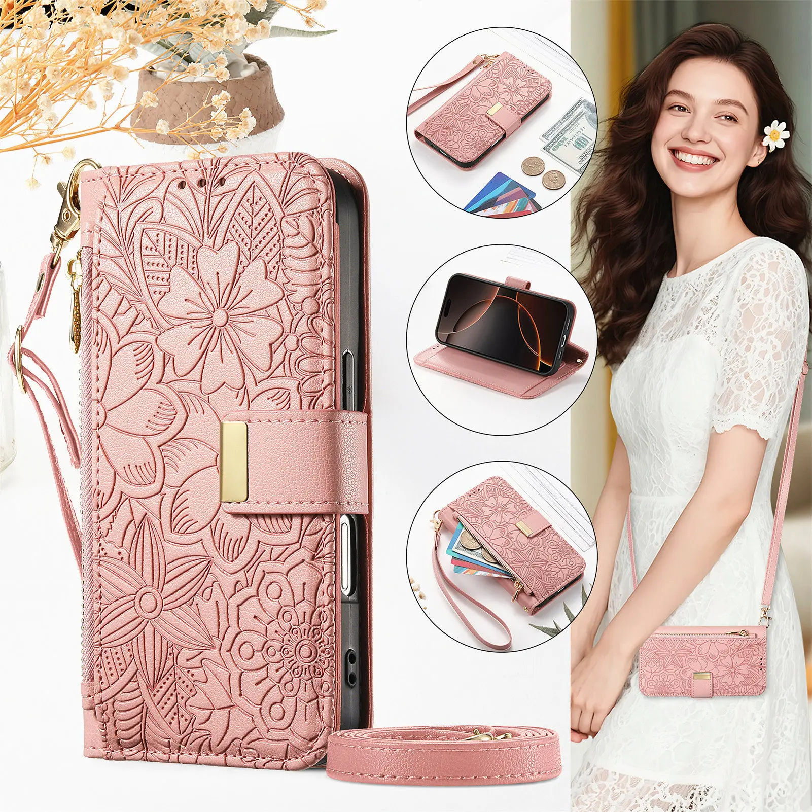 PU Leather Zipper Crossbody Wrist Strap Flip Wallet Card Slot Phone Case Cover