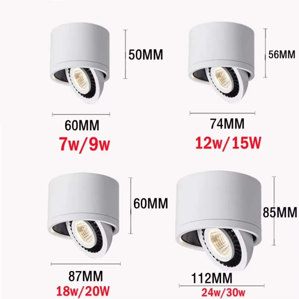 LED 통 COB 디밍 가능 7W 12W 15W 20W 30W 표면 장착형 LED 천장 조명 스포트라이트 360도 회전 실내 조명