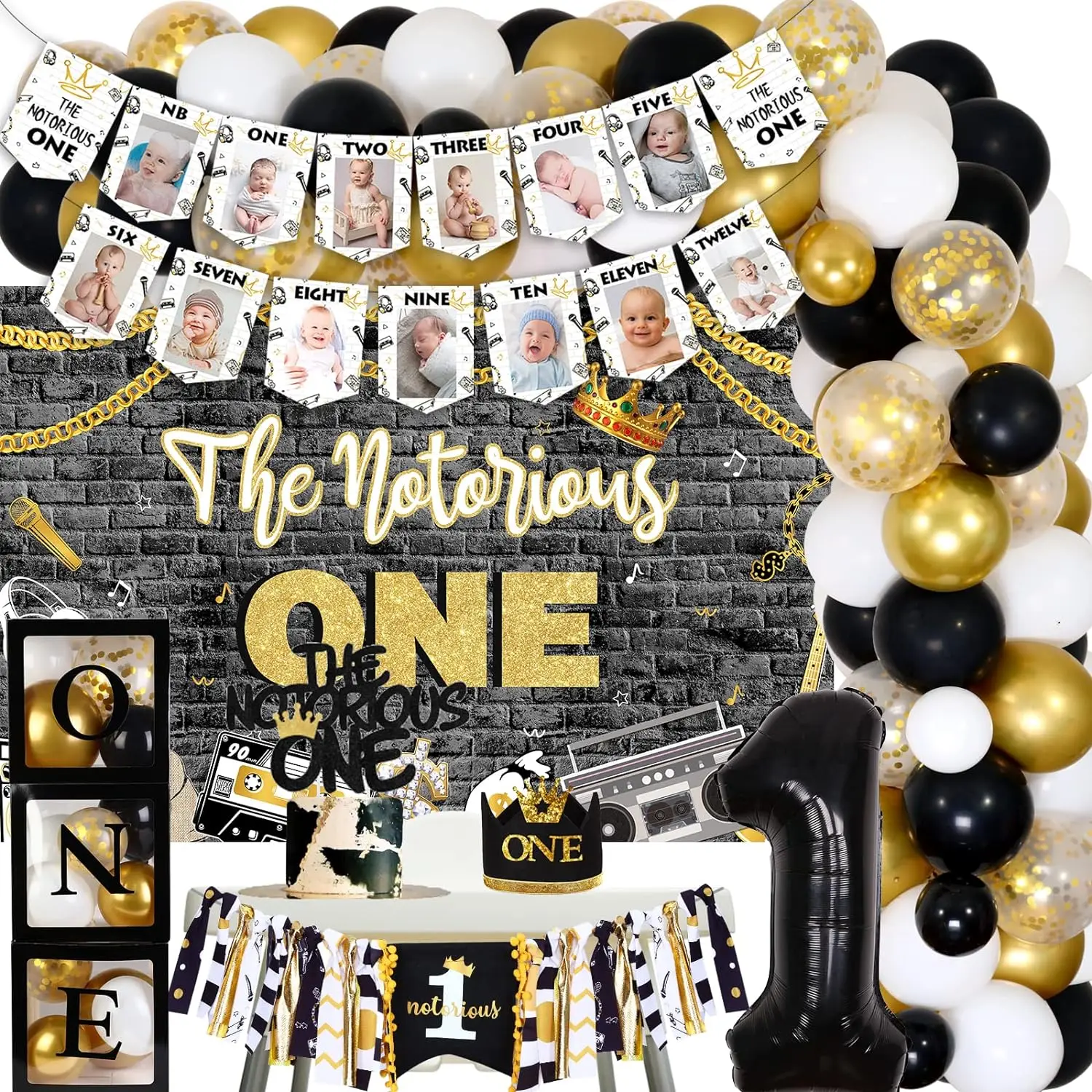 

Notorious One Birthday Decor Balloon Arch Backdrop One Boxes for 1st Birthday MonthPhoto Highchair Banner CakeTopper Hat for Boy